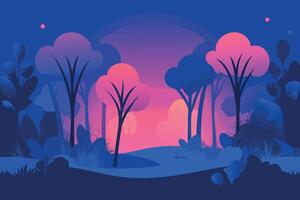 Colorful forest scene with stylized trees and a vibrant sunset. Minimalistic flat design with orange and blue tones. vector