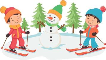 Children skiing on a snowy slope with a cheerful snowman. vector