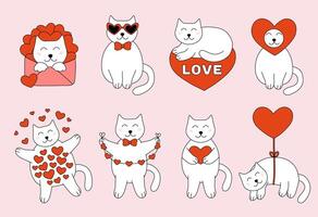 Set of Valentine day Cat characters. flat illustration. vector