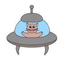 Funny cat in UFO spaceship. Flat Illustration. vector
