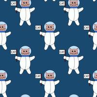 Seamless Pattern. Cute cat astronaut in space with flag. Flat Illustration. vector