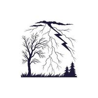 A silhouette of a tree and lightning with a tree in the background vector