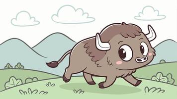 Cartoon bison running in the field vector
