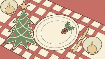 Christmas table setting with christmas tree and plate vector