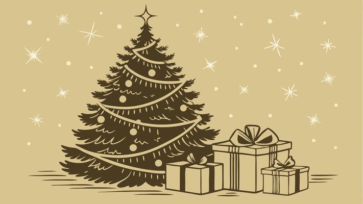 Gold Christmas background of de - focused lights with decorated tree