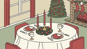 A christmas dinner table with a christmas tree and presents vector