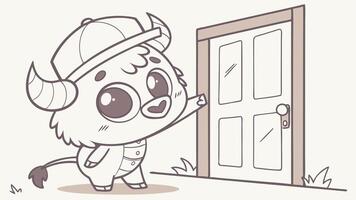 A cartoon buffalo is standing in front of a door vector