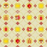 Chinese New Year Seamless Pattern with Lion Dance, Lanterns, and Gold Elements vector