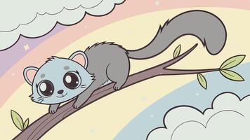 A cartoon squirrel sitting on a branch with a rainbow in the background vector