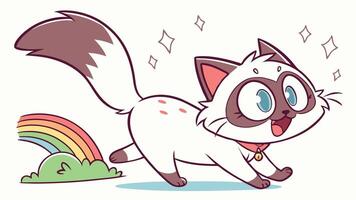 A cartoon cat running with a rainbow in the background vector