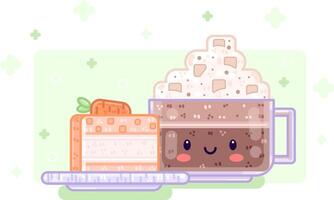 Kawaii sweet dessert snack. Coffee and carrot cake vector