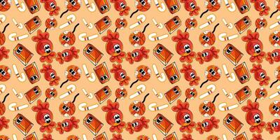 A repeating pattern of various candies in orange and white, including lollipops and wrapped candies with googly eyes, set against an orange background. vector