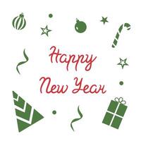 Congratulatory inscription with toys, gifts and sweets for the New Year. template with text for packaging, postcards and posters for the winter holidays. Calligraphic text with Happy New Year. vector