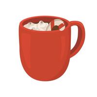 illustration with red cup of winter drink. Image of hot chocolate with cream and lollipop. vector
