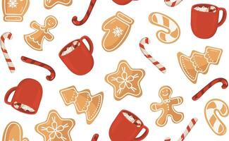 seamless pattern with gingerbread and cocoa with cream. New Year and Christmas treats. Background with cookies and drinks for wallpaper and packaging. vector