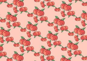 A pattern of red peaches with green leaves on a light pink background. vector