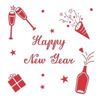 Greeting card with gifts and sparkling wine for New Year. Universal template with text for packaging, postcards and posters. Calligraphic inscription with Happy New Year. vector