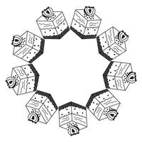 cakes arranged in a circle. Pastry image with space for text. Sweet pastries with berries in doodle style. vector