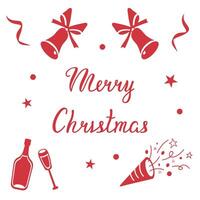Christmas card with bells, fireworks and sparkling wine. Template with text for packaging, postcards and posters. Calligraphic inscription with Merry Christmas. vector
