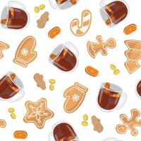seamless pattern with gingerbread and hot tea. New Year and Christmas treats with oranges. Cookies image for wallpaper and packaging. vector