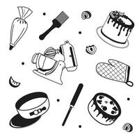 set of cakes and pastry utensils with berries. Pastry food image with mixer and baking pan. Pastry chef day concept. vector
