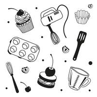 set of cakes and pastry utensils with berries. Image of confectionery sweet food with mixer and measuring cup. Pastry Chef Day concept. vector
