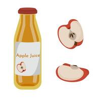 set of apple juice in a bottle with apple slices. Logo of fruit drink isolated on white background. vector