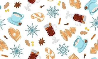 seamless pattern with gingerbread, cocoa and mulled wine. New Year and Christmas treats with snowflakes. Background with cookies and drinks for wallpaper and packaging. vector