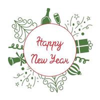 Congratulatory inscription in a circle with gifts and sparkling wine for the New Year. Colored template with text for packaging, postcards and banners. Calligraphic inscription with a Happy New Year. vector