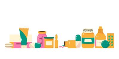 Horizontal banner with different medical products, pills, jars vector