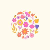 Square minimalist card with bright abstract flowers in a round shape vector