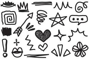 Doodle set of hand-drawn cartoony expression sign doodle, curve directional arrows, emoticon effects design elements, cartoon character emotion symbols, cute decorative brush stroke lines. vector
