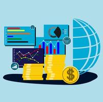 A globe, money and a stack of coins with graphs and charts vector