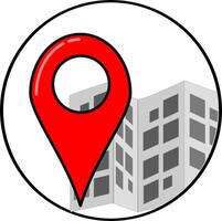 A red pin on a white background with a building in the background vector