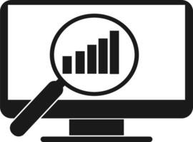 Magnifying glass icon of a computer screen with a graph vector