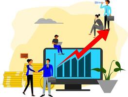 Business people are standing around a computer screen with an arrow pointing up vector