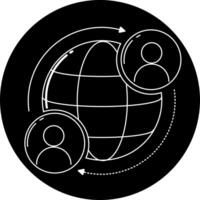 A black and white icon of a globe with people around it vector