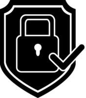 A black and white icon of a padlock and check mark vector
