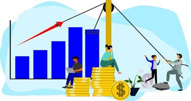Business people are sitting on piles of money and a graph is on the wall vector