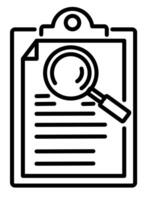 A black and white image of a clipboard with a magnifying glass vector
