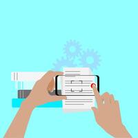 Hand holding a smartphone with a document on it vector