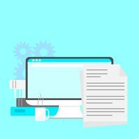 Computer, paper, and gears on blue background vector