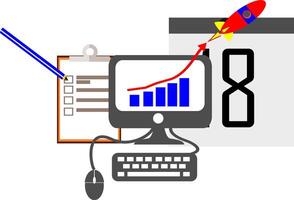 A computer with a chart and a pencil vector