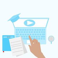 A hand is pointing at a laptop with a on it vector