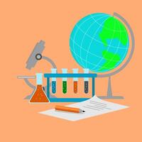 An illustration of a globe, a test tube, and a pen vector