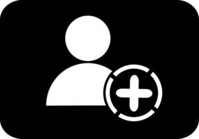 A black and white icon with a person holding a plus sign vector