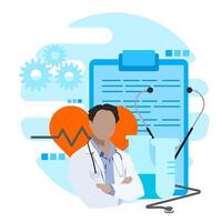A doctor is standing in front of a clipboard and a heart vector
