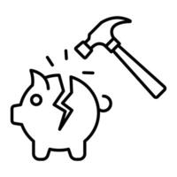 Broken piggy bank icon with hammer. Editable stroke. vector