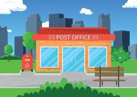 Post office building with a mailbox. Post office against the backdrop of skyscrapers. vector