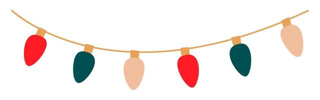 Christmas lights garland with colored ellipse bulbs. Xmas festive string decoration with hanging retro lightbulb. Glowing string with lamps for holiday cards, banners, posters, web. vector